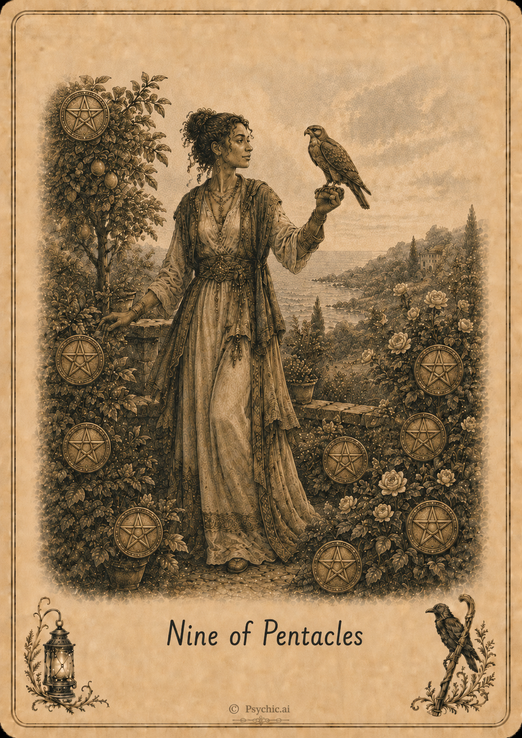 Nine of Pentacles tarot card illustration